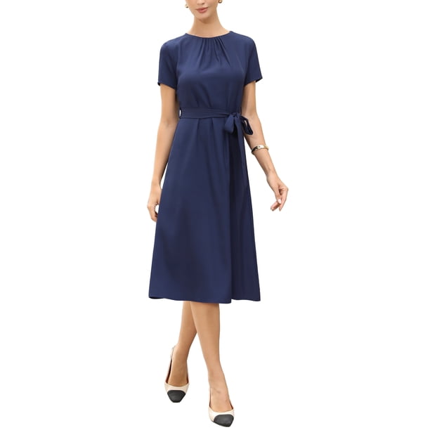 Vestido de verano para mujeres, casual de trabajo, manga corta, cuello redondo, línea A, vestidos fluidos con cinturón XS azul marino