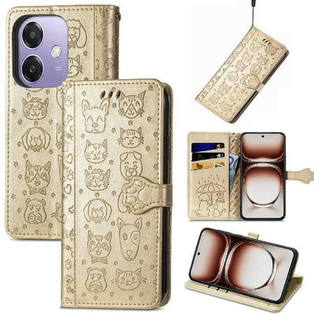 Funda Cartera FOXDOCK para OPPO A60 5G , Flip PU con Relieve de Gatos y Perros, Tarjetero y Soporte