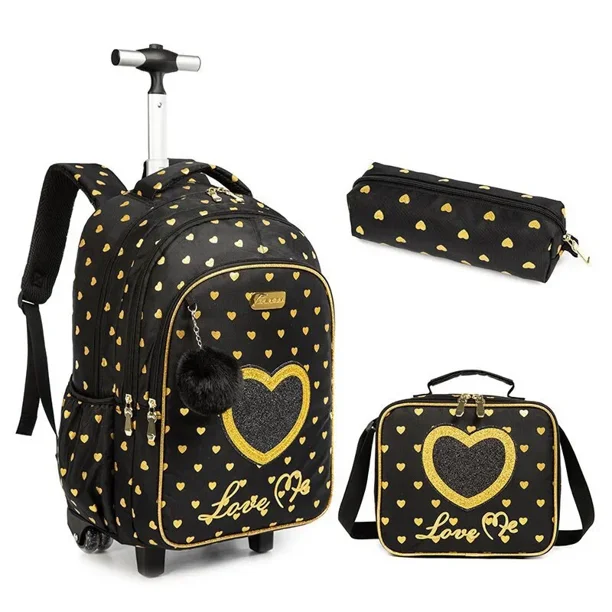 Children's Rolling Backpack Set Wheeled Schoolbag Kids Backpack with Insulated Lunch Bag and Pencil Case for Boys and Girls