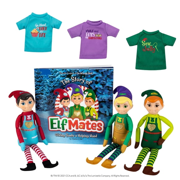Paquete Combo Elf Mates: 3 Elfos con Libro de Cuentos y 3 Camisetas de Tamaño Elfo