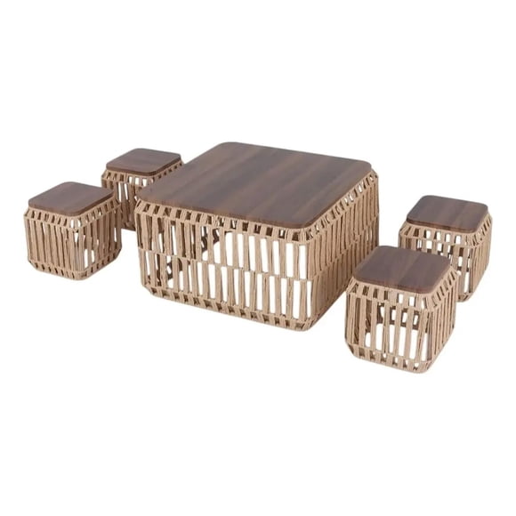 Juego De Muebles Mesa Centro Sillas Madera Y Tejido Deco Marrón