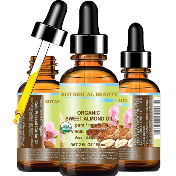 Botanical Beauty Aceite de Almendra Dulce Orgánico 100% Puro Natural Virgen No Refinado Sin Diluir Prensado en Frío Aceite Portador para Cara, Piel, Cuerpo, Cabello, Masaje, Uñas. 2 fl oz - 60 ml