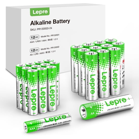 Pilas alcalinas Lepro AA y AAA de 2800 mAh, paquete de 24