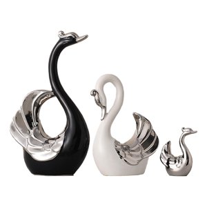 Magideal - Figura De Cisne De 3 Uds, Colección De Estatuas De La Familia De Cisnes, Escultura De Animal, Adorno De Mesa Para Estantería, Gabinete, Decoración Del Negro Blanco Plata