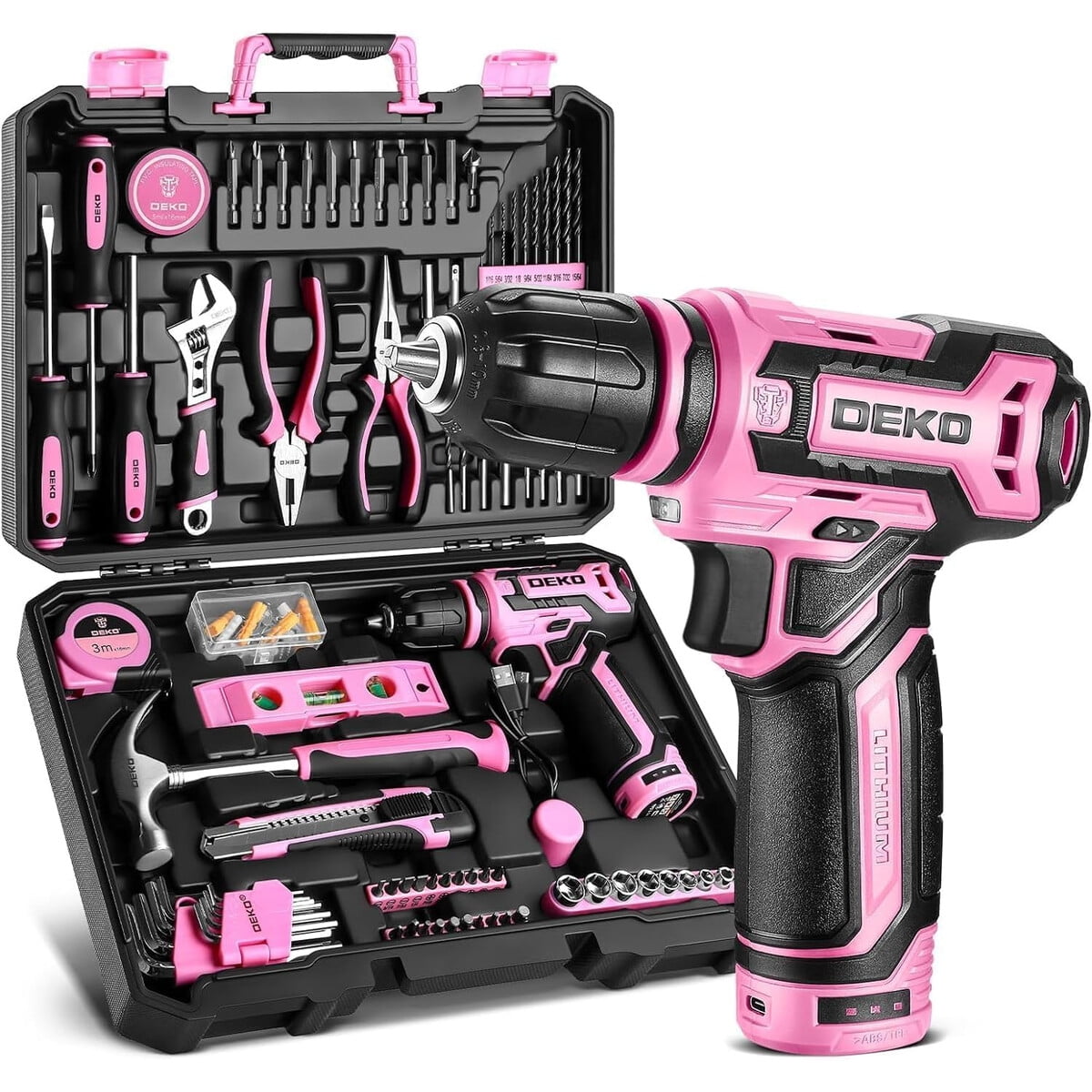 Taladro Inalámbrico Dekopro 12v Kit 133 Piezas Rosa