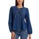 thumbnail image 1 of INSPIRE CHIC Mujeres Tops de Denim Lazo Frontal Manga Larga Volante Dobladillo Blusa Peplum Camisas de Jean S Azul Oscuro, 1 of 6