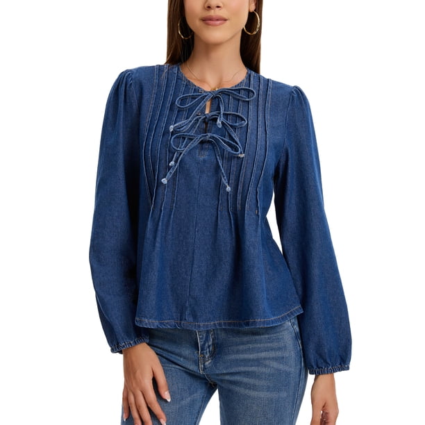 INSPIRE CHIC Mujeres Tops de Denim Lazo Frontal Manga Larga Volante Dobladillo Blusa Peplum Camisas de Jean S Azul Oscuro