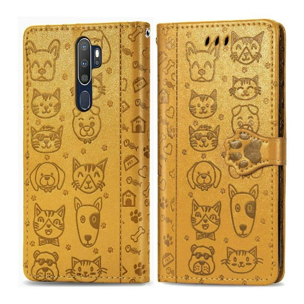 Funda Cartera FOXDOCK para OPPO A5 2020 / A9 2020 , Flip PU con Relieve de Gatos y Perros, Tarjetero y Soporte
