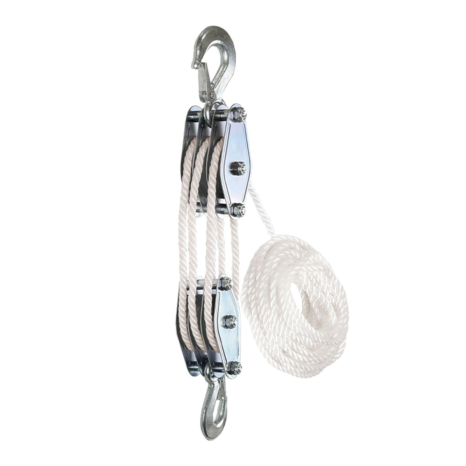 Ioensy - Polea De Polipasto De Cuerda Polea De Cuerda Sistema De Aparejos Y Bloque De Ruedas De Polipasto Polea De Elevación 3 Ruedas 15M Blanco