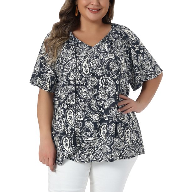 Agnes Orinda Blusas de Talla Grande para Mujer Cuello Redondo con Lazo Manga Corta Estampado Boho Blusa Casual de Verano 3X Negro