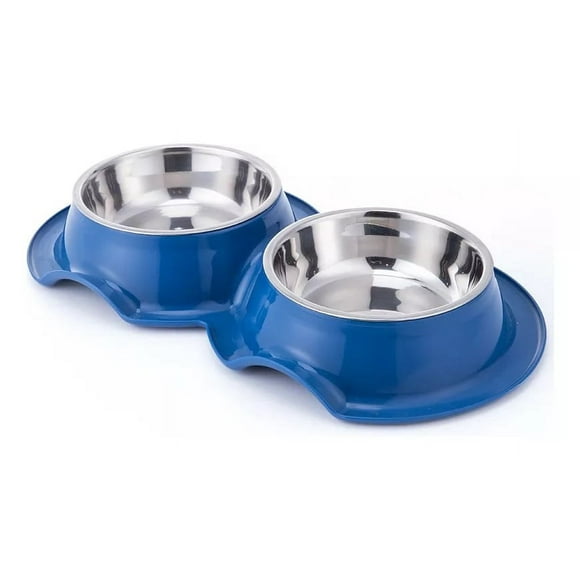 Plato Doble Con Pocillo De Acero Inoxidable Azul