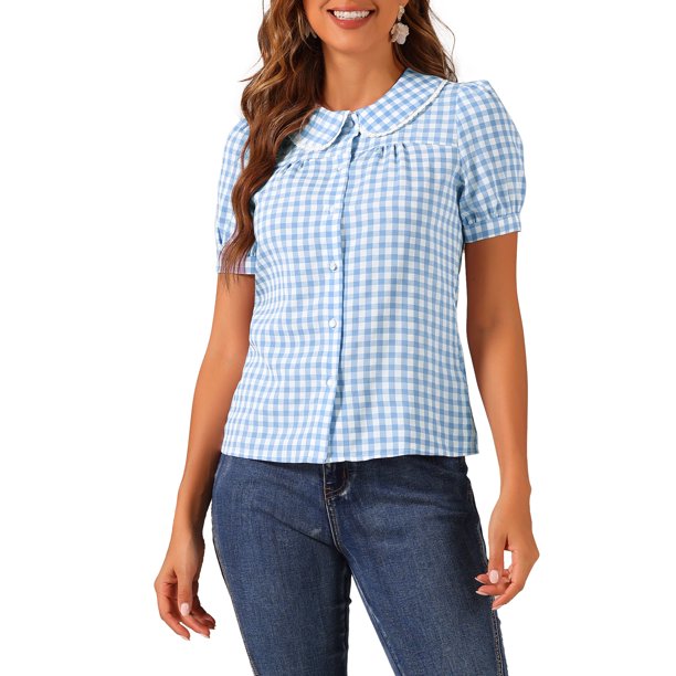 INSPIRE CHIC Conjunto Blusa de Mujer con Cuello Peter Pan en Contraste, Manga Corta Abullonada, Camisa de Cuadros, Talla XL, Azul Cielo
