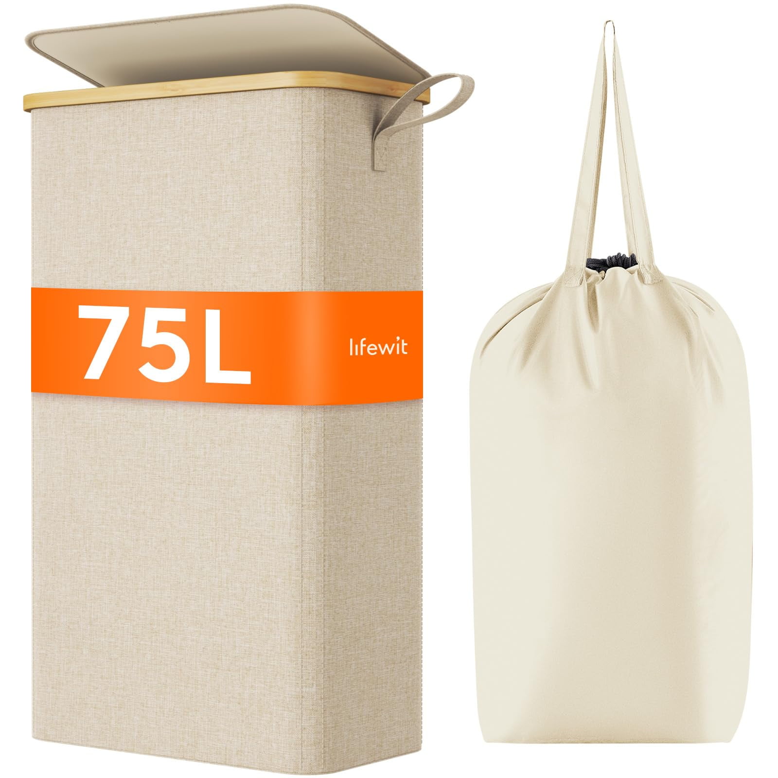 Cesto De Ropa Lifewit De 75 Litros Con Tapa Y Bolsa Extraíble, Color Beige