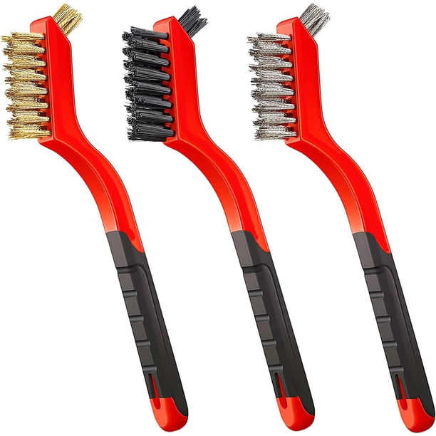 Juego de 3 cepillos de alambre con cerdas de nailon, latón y acero inoxidable con mango curvo para eliminar óxido, suciedad y pintura con limpieza profunda.