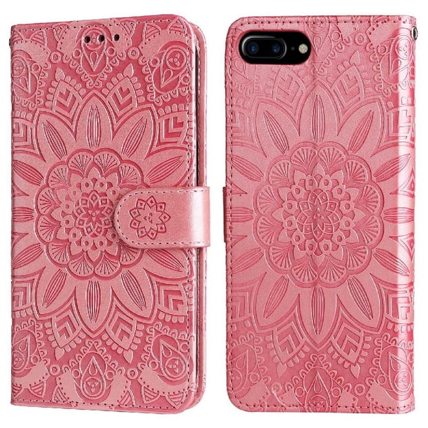 Funda tipo cartera FOXDOCK para iPhone 7 Plus/8 Plus , diseño girasol en relieve, cuero PU, cierre magnético, soporte y tarjetero