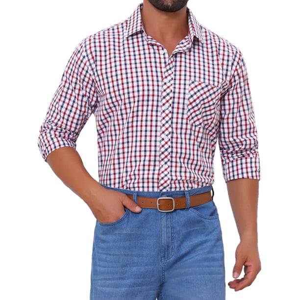 INSPIRE CHIC Camisa de Vestir de Manga Larga a Cuadros para Hombre Cuello de Punta Botón Camisa a Cuadros L Rojo Azul
