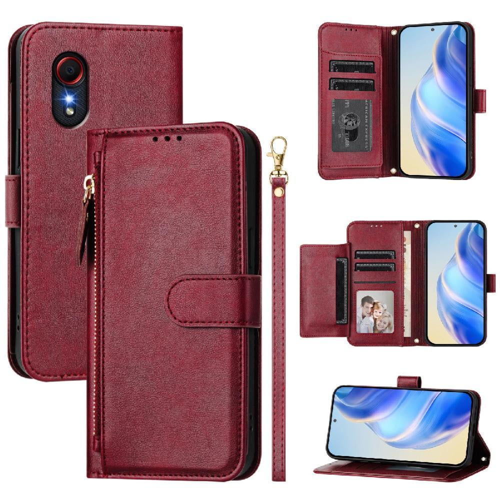 Foxdock - Funda Tipo Billetera Para Samsung Galaxy Xcover 5 Con Cremallera Portatarjetas Soporte Correa De Muñeca Cuero Rojo