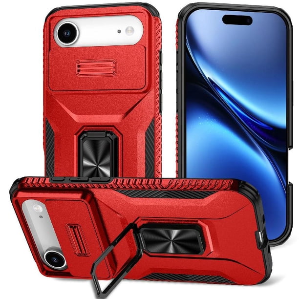 Funda Armada para iPhone 17 Air con Tapa Deslizante y Soporte Magnético Giratorio Rojo