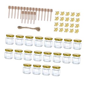Magideal - 20X Frascos De Vidrio Pequeños De 1.5Oz Con Cucharas De Madera, Colgantes De Y Cuerda Decorativa Frascos Hexágonos Transparentes Frascos De