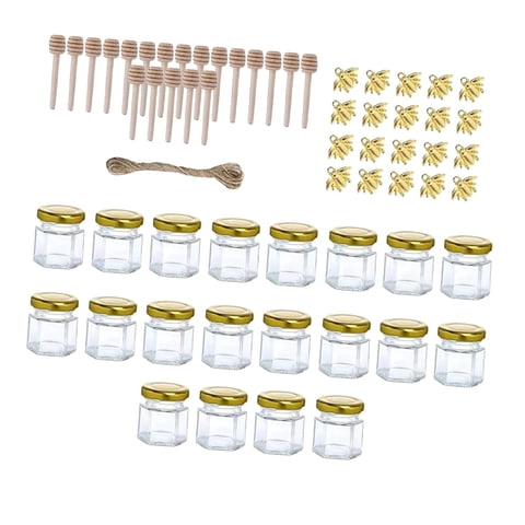 Magideal - 20X Frascos De Vidrio Pequeños De 1.5Oz Con Cucharas De Madera, Colgantes De Y Cuerda Decorativa Frascos Hexágonos Transparentes Frascos De