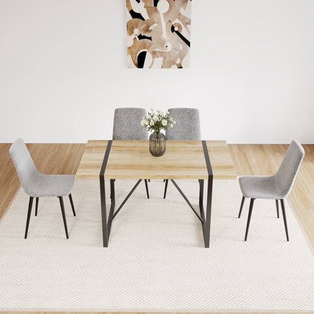 55" MDF Wood Colour Dining Table and Modern Dining Chair Set of 4, Mid Century Wooden Kitchen Table Set, Metal Base & Legs, Dining Room Table and Linen Chairs