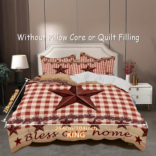 3 Pie-ces Vint-age Cou-ntry down -Quilt Cover S-uit Five-Pointed- Star Plaid Bedding- Suit with Pring-ting Suit -Soft and Bre-athable down Q-uilt C