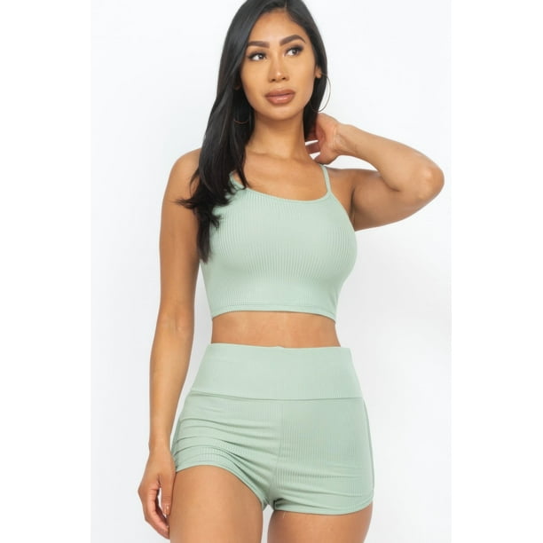 Conjunto de Top Corto de Tirantes Acanalado y Shorts Fruncidos