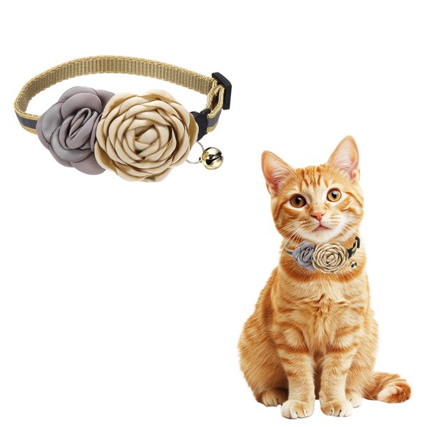 Collar de Gato y Perro con Flor Uxcell con Campana, Collar Ajustable Reflectante de Liberación Rápida (21-30 cm, Beige) para Gatitos, Cachorros, Perros Pequeños, Fiesta, Decoración Diaria, Festival