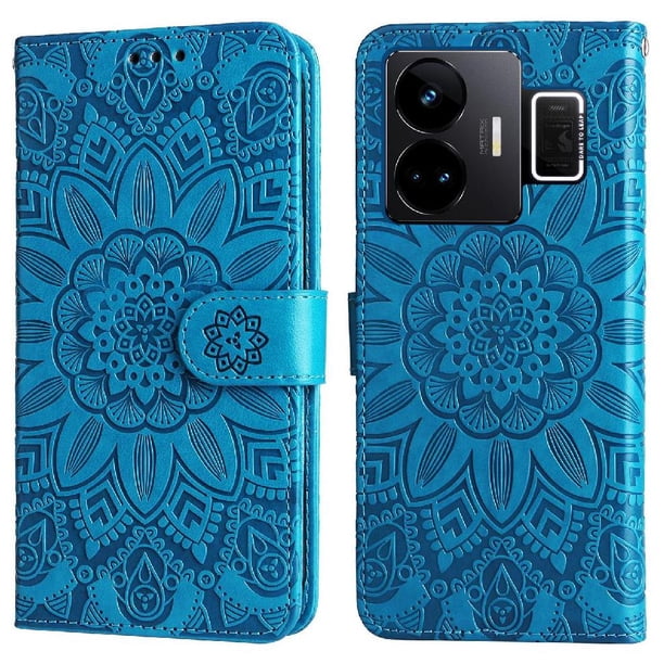 Funda tipo cartera FOXDOCK para Realme GT3 , diseño girasol en relieve, cuero PU, cierre magnético, soporte y tarjetero