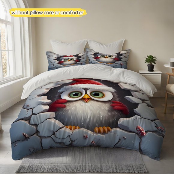 Snow Night Cave Christmas Owl Printed Duvet Cover Set 100% Polyester Duvet Cover Soft And Comfortable for Sweet Sleep Fluffy And Breathable Machine Washable All