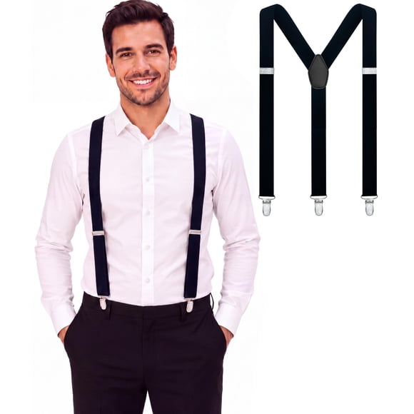 Tirantes Negros Dibi para Hombre – Correas Elásticas de 1" de Alta Resistencia, Diseño Y‑Back y Clips Metálicos Ajustables