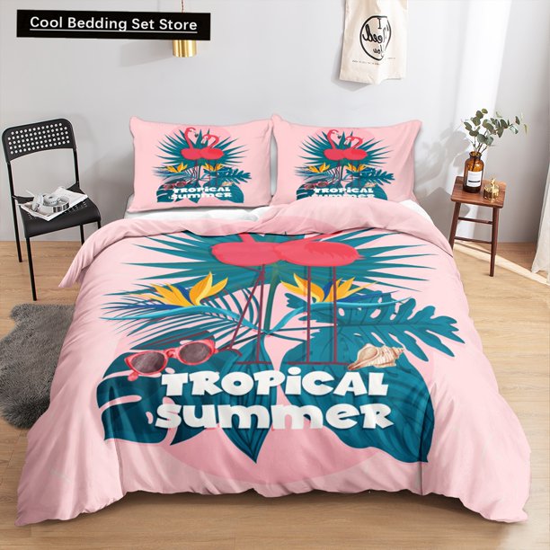 v2927 Bed Sheets Animal Flamingo King Queen Duvet Cover Cartoon Pink Tropical Bird Bedding Set for Kids Teens Aduls Blue Soft /pcs Quilt Cover 3-Piece Bedding Set (1 Duvet Cover + 2 Pillow Shams) Bed