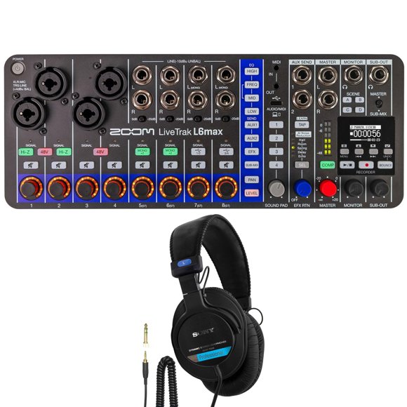 Mezclador portátil y grabadora Zoom LiveTrak L6max con audífonos