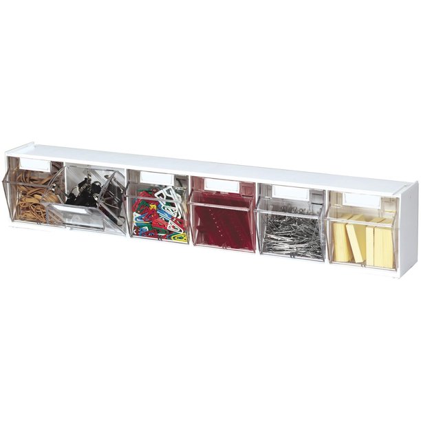 Bin Tilt Bin Deflecto, 6 compartimentos entrelazados, transparentes y blancos, 23,6 cm
