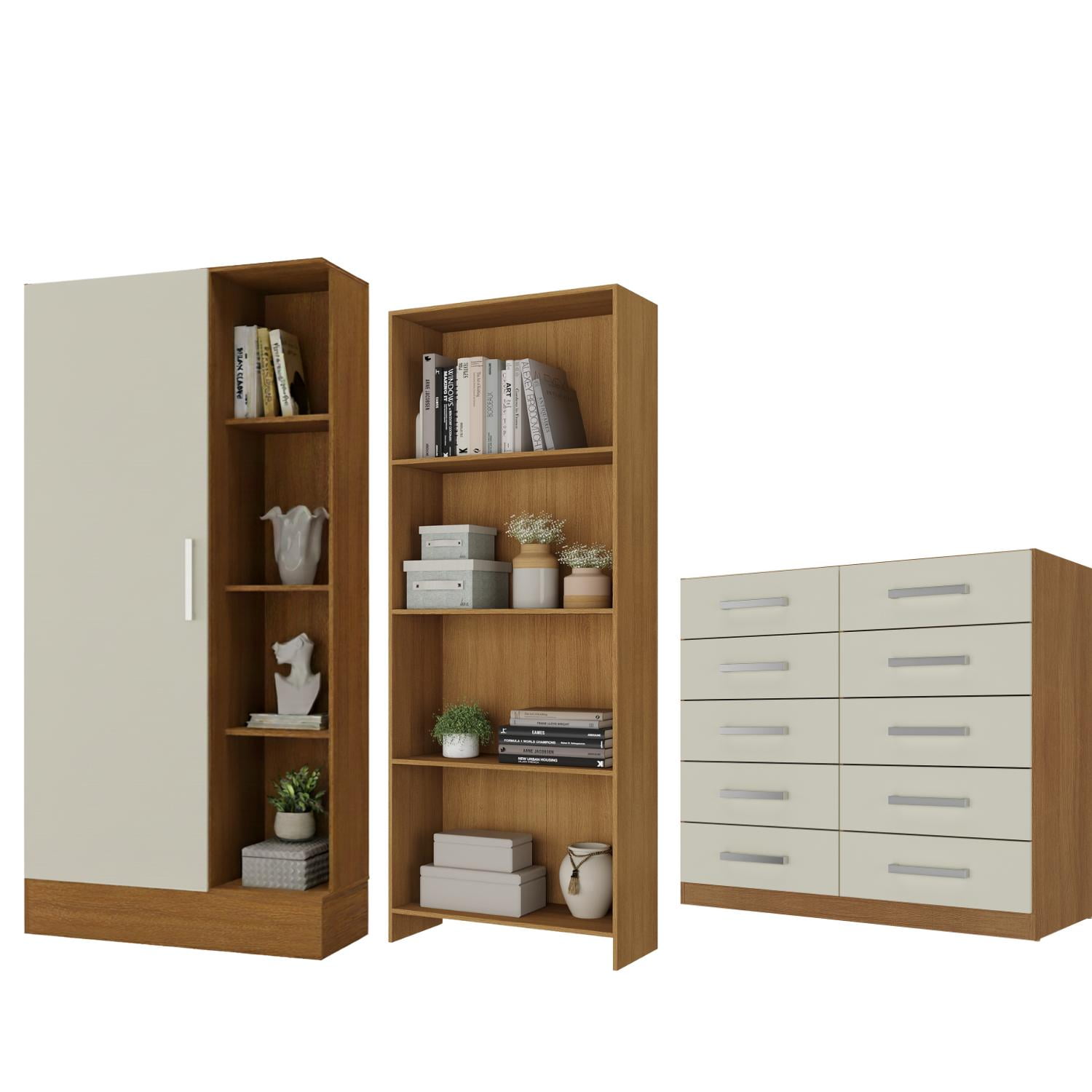 Movelaria - Combo Closet Zapatero + Librero + Cómoda 10 Cajones Off White R151610 Blanco