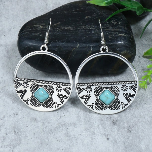 1pair Boho Style Vintage Earrings with Turquoise - Ancient Silvery Design for Women and Girls