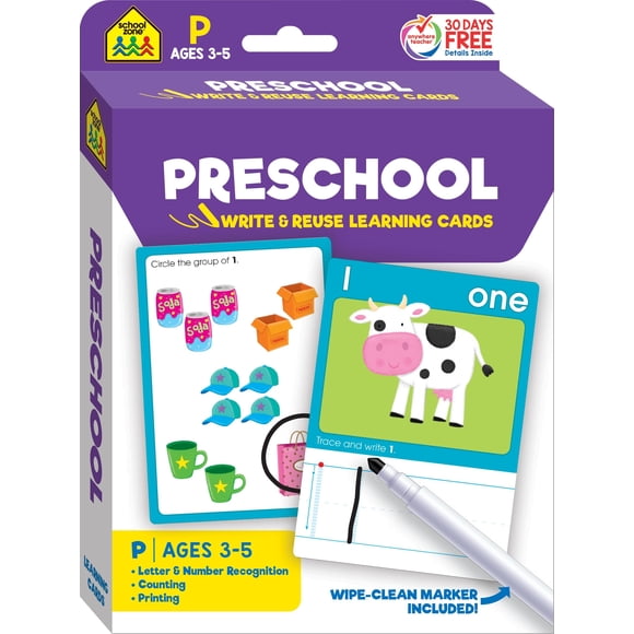Set de tarjetas didácticas School Zone para preescolar, escribe y reutiliza