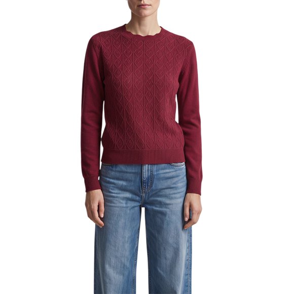 INSPIRE CHIC Suéter de Punto Argyle para Mujer Ligero Cuello Redondo Ondulado Hombro Caído Manga Larga Ajuste Regular Casual Angora Rojo Medio