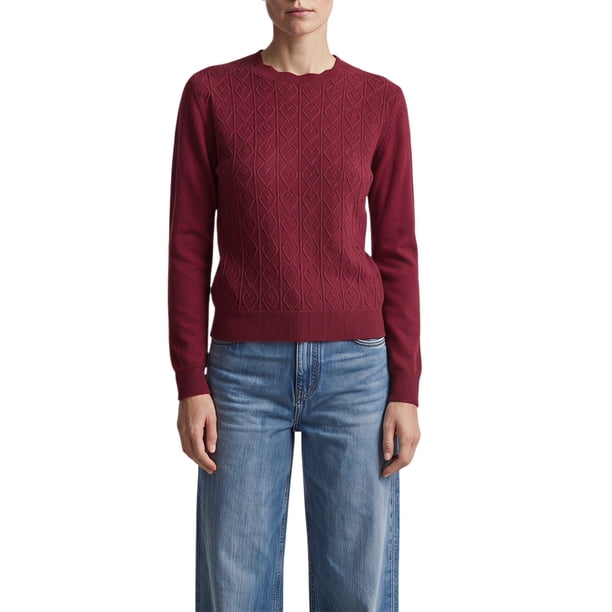 INSPIRE CHIC Suéter de Punto Argyle para Mujer Ligero Cuello Redondo Ondulado Hombro Caído Manga Larga Ajuste Regular Casual Grande Angora Rojo