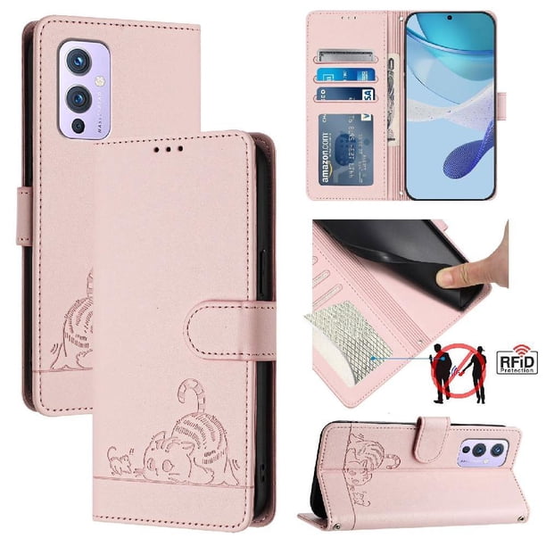 Funda tipo cartera FOXDOCK para OnePlus 9 con soporte, ranuras, RFID, diseño de gato