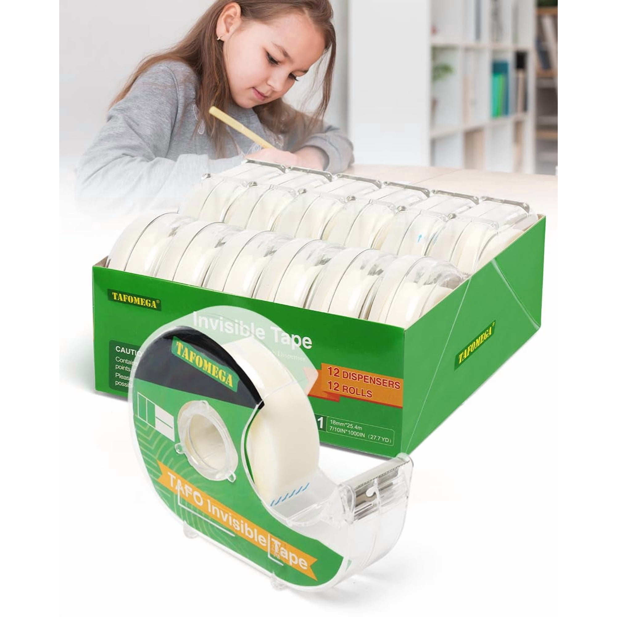 Cinta Adhesiva Transparente Tafomega Invisible 12 Rollos De 18 Mm X 25 M Con Dispensador