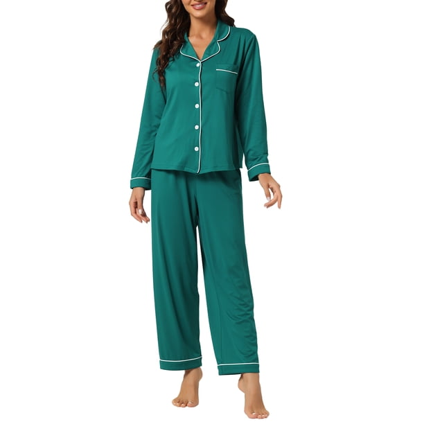 INSPIRE CHIC Pijama de mujer con sensación de modal suave, manga larga, botones, solapa, pantalones elásticos, primavera otoño, S Verde Pavo Real