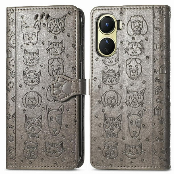 Funda Cartera FOXDOCK para VIVO Y16 , Flip PU con Relieve de Gatos y Perros, Tarjetero y Soporte
