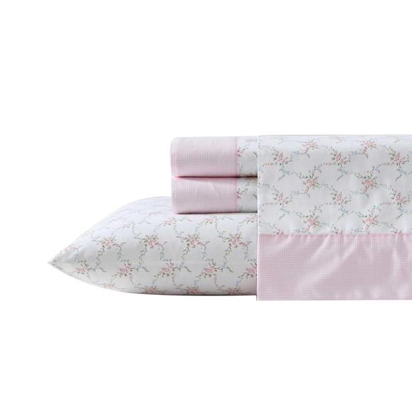 Juego de sábanas Laura Ashley Queen, 100% algodón percal, 200 hilos, rosa
