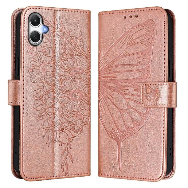 Funda cartera mariposa para Samsung Galaxy A07 4G con soporte y ranuras para tarjetas Oro rosa