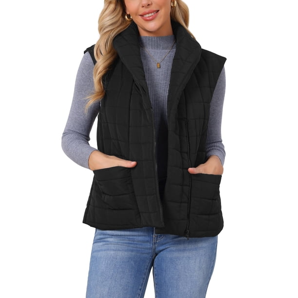 INSPIRE CHIC Chaleco Acolchado para Mujer con Cremallera, Chaquetas Acolchadas con Solapa, Mangas Cortas, Chaleco Ligero, Abrigo Cálido L Negro