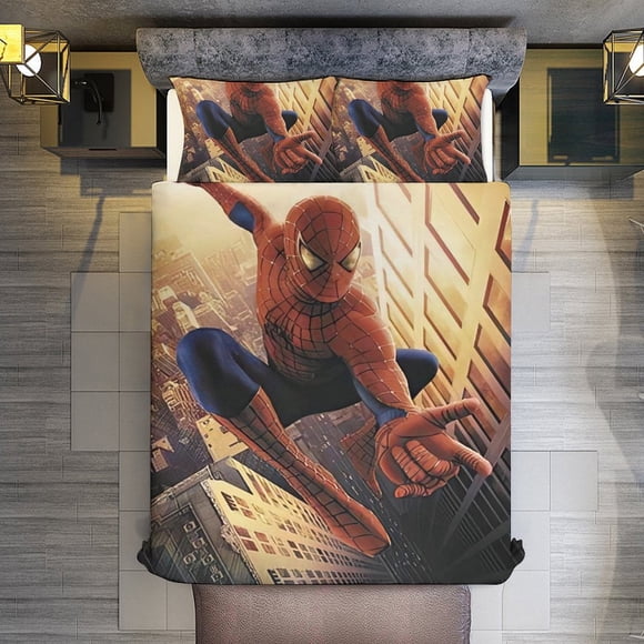 Spiderman Swinging in New York City 3 Piece Sets Full/Queen Size - Reversible Microfiber Quilts with 2 Shams Soft Lightweight Bedspread Coverlet Comforter for All Season Bed Sheets