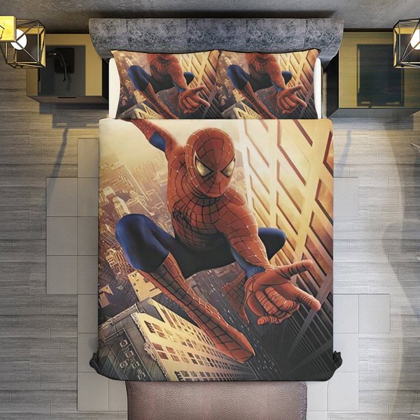 Spiderman Swinging in New York City 3 Piece Sets Full/Queen Size - Reversible Microfiber Quilts with 2 Shams Soft Lightweight Bedspread Coverlet Comforter for All Season Bed Sheets