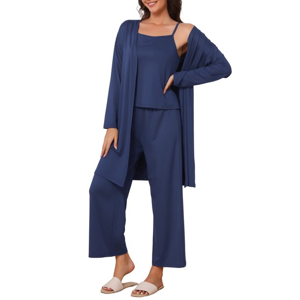 Conjunto de descanso para mujeres INSPIRE CHIC de 3 piezas, tejido acanalado elástico con top de tirantes y cárdigan a juego, pijamas, ropa de descanso, S Azul