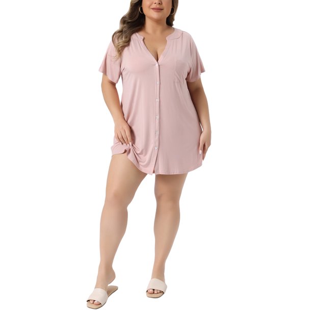 Agnes Orinda Camisón de Dormir para Mujer Talla Grande de Escuela Colegio Mangas Cortas Suave Cuello en V con Botones 3X Rosa